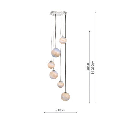 Dar Mikara 6 Light Cluster Pendant Marble Effect Glass & Polished Chrome