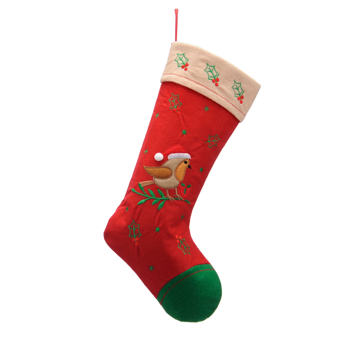 Festive Red with Green Foot Robin Stocking