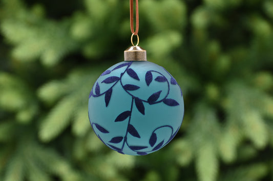 Festive Green Glass with Flock Leaves Bauble