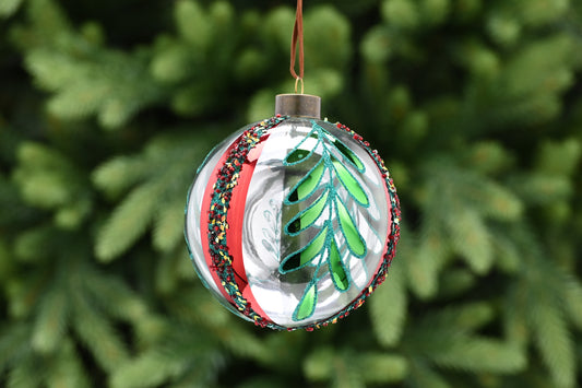 Festive Clear Glass with Green Leaves and Red Stripes Bauble