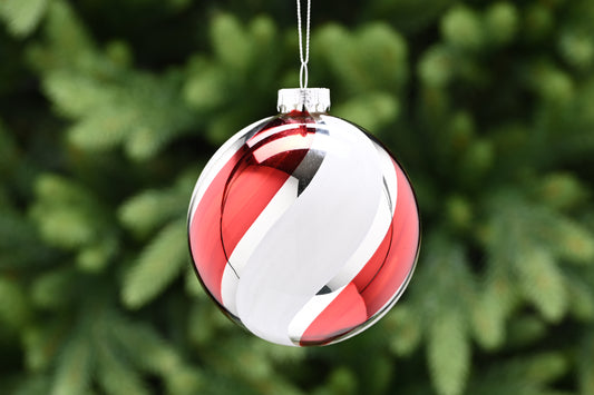 Festive Silver Glass with Thick Red/White Stripes Bauble