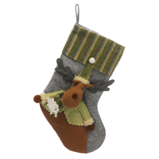 Festive Plush Grey Stocking with Reindeer Wearing Hat