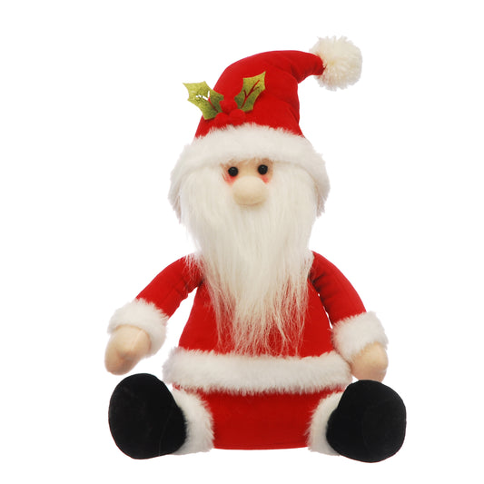 Festive Sitting Plush Santa with Holly in His Hat