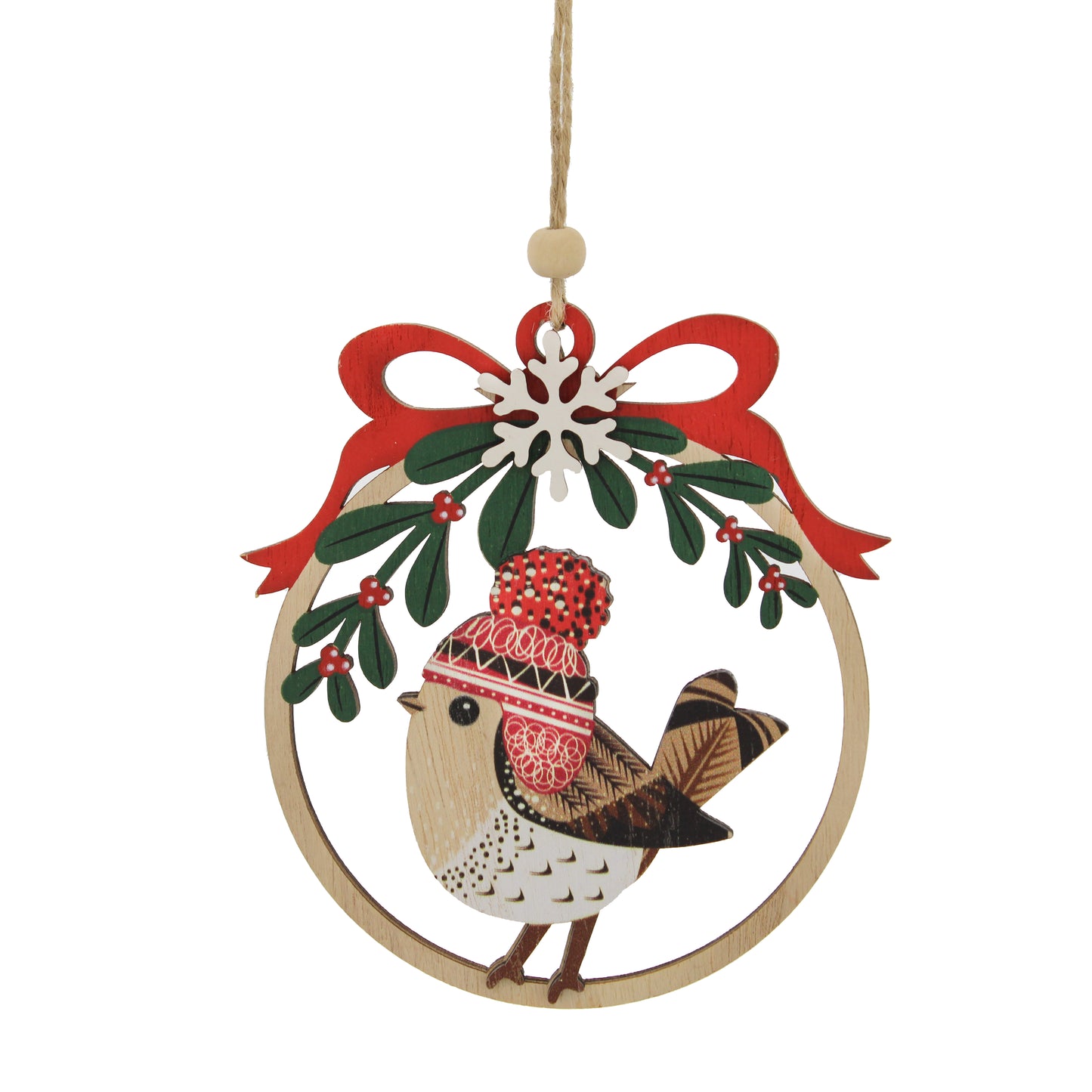 Festive Wooden Disc with Robin Tree Decoration