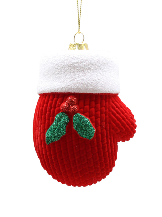 Festive Red Flocked Mitten with Green Holly Tree Decoration