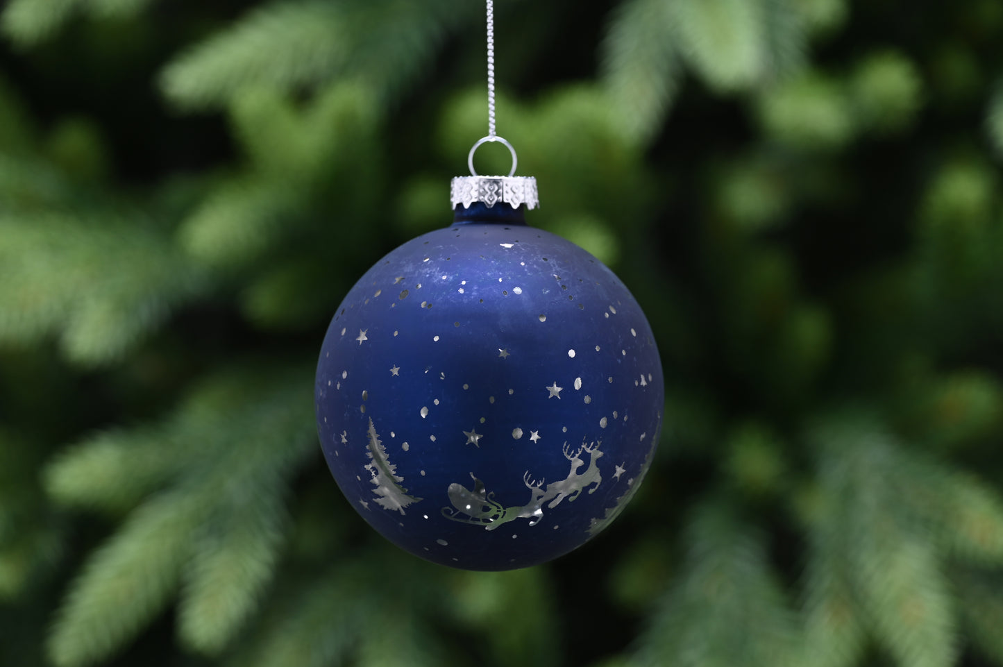 Festive Matt Mid Blue Glass with Reindeer/Starry Sky Bauble