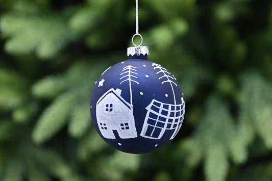 Festive Matt Midnight Blue Glass with White House Bauble