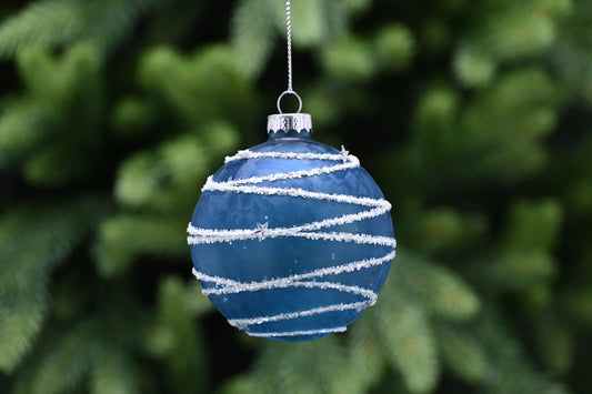 Festive Frosted Blue Glass with White Glitter Stripes Bauble