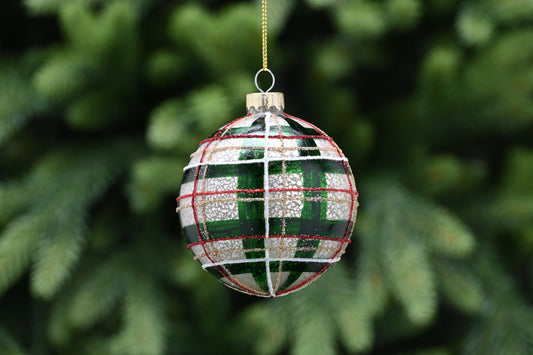 Festive Matt Champagne Gold/Tartan Green Glass Bauble