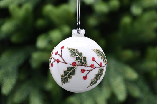 Festive Matt White Glass with Holly Design Bauble