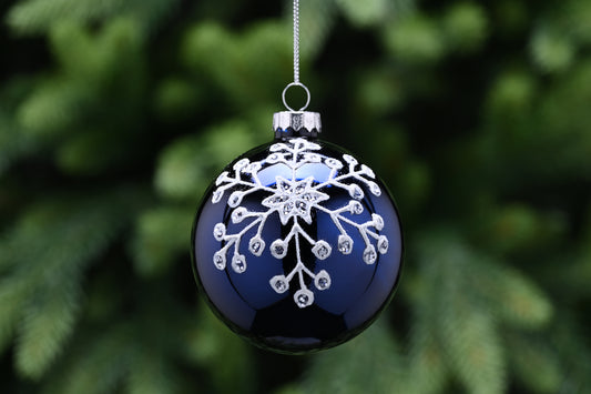 Festive Midnight Blue Glass with White Snowflake Bauble