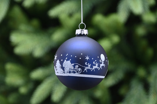 Festive Matt Midnight Blue Forest Scene Glass Bauble