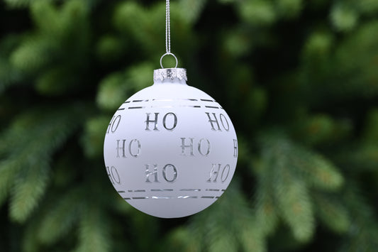Festive Matt White Silver HO HO HO Glass Bauble