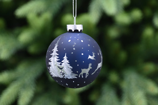 Festive Midnight Blue Silver Reindeer Scene Bauble