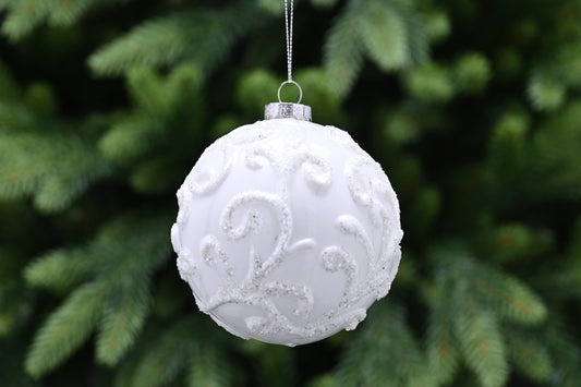 Festive White Glass Glitter Scroll Bauble