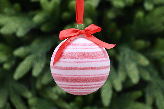 Festive Red/White Lines Frosted Glass Bauble with Red Bow