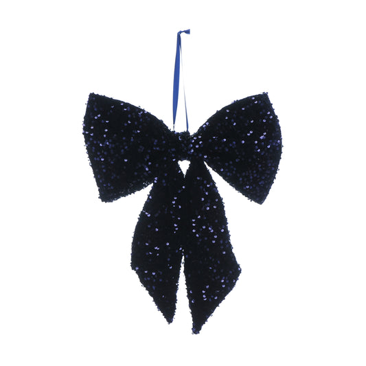 Festive Hanging Navy Blue Sequin Fabric Bow Tree Decoration