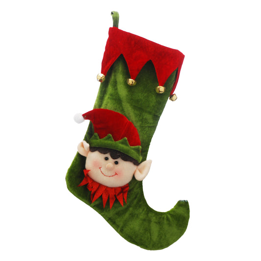 Festive Green/Red Plush Elf Face Stocking