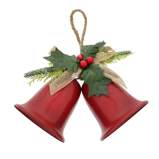 Festive Red Twin Metal Bells with Green Holly Leaves Tree Decoration