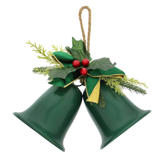 Festive Green Twin Metal Bells with Green Holly Leaves Tree Decoration