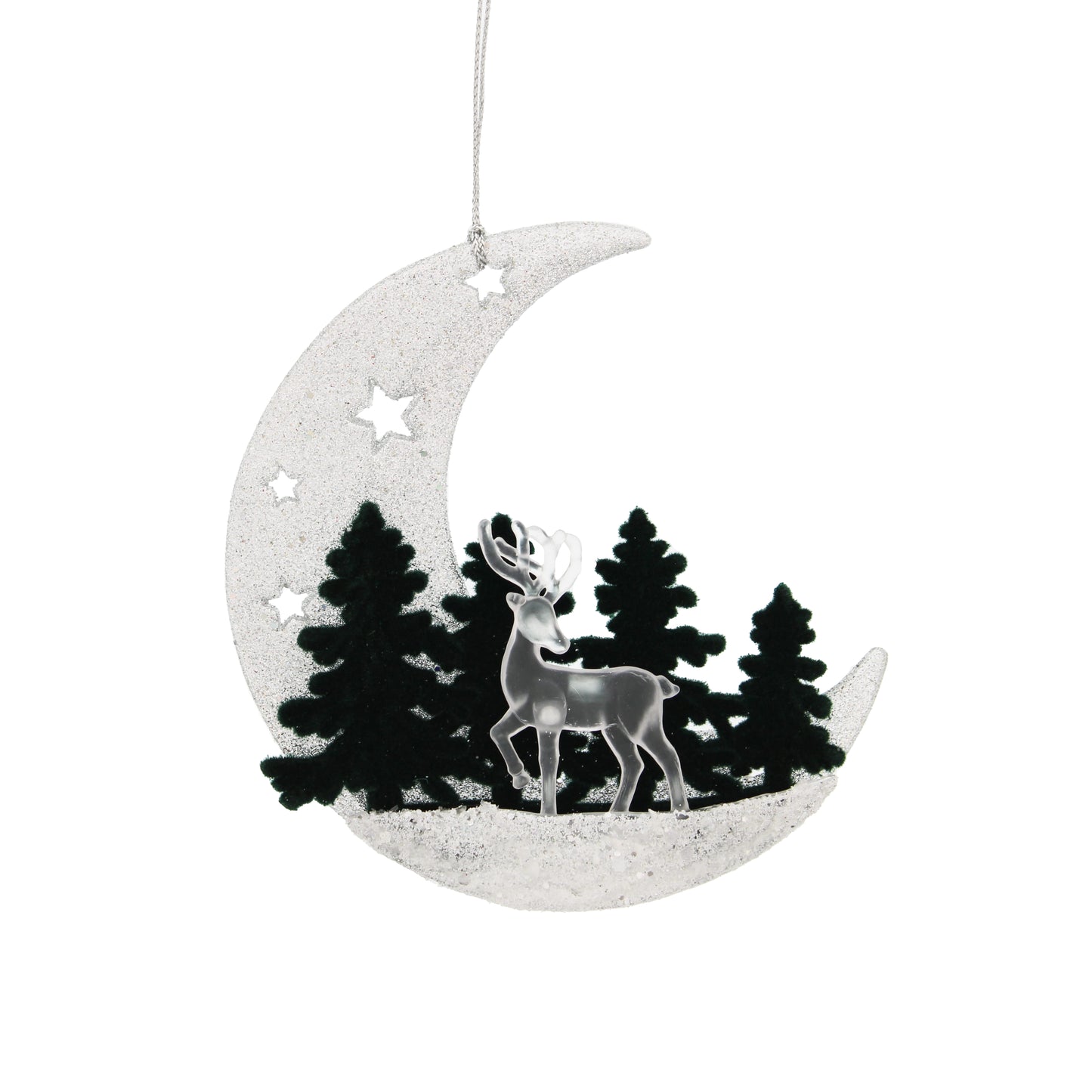 Festive Hanging Silver Glitter Crescent Moon Tree Decoration