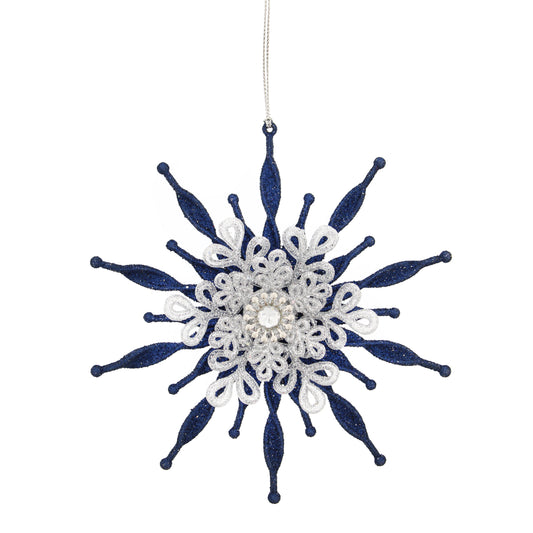 Festive Hanging Dark Blue/Silver Glitter Snowflake Tree Decoration