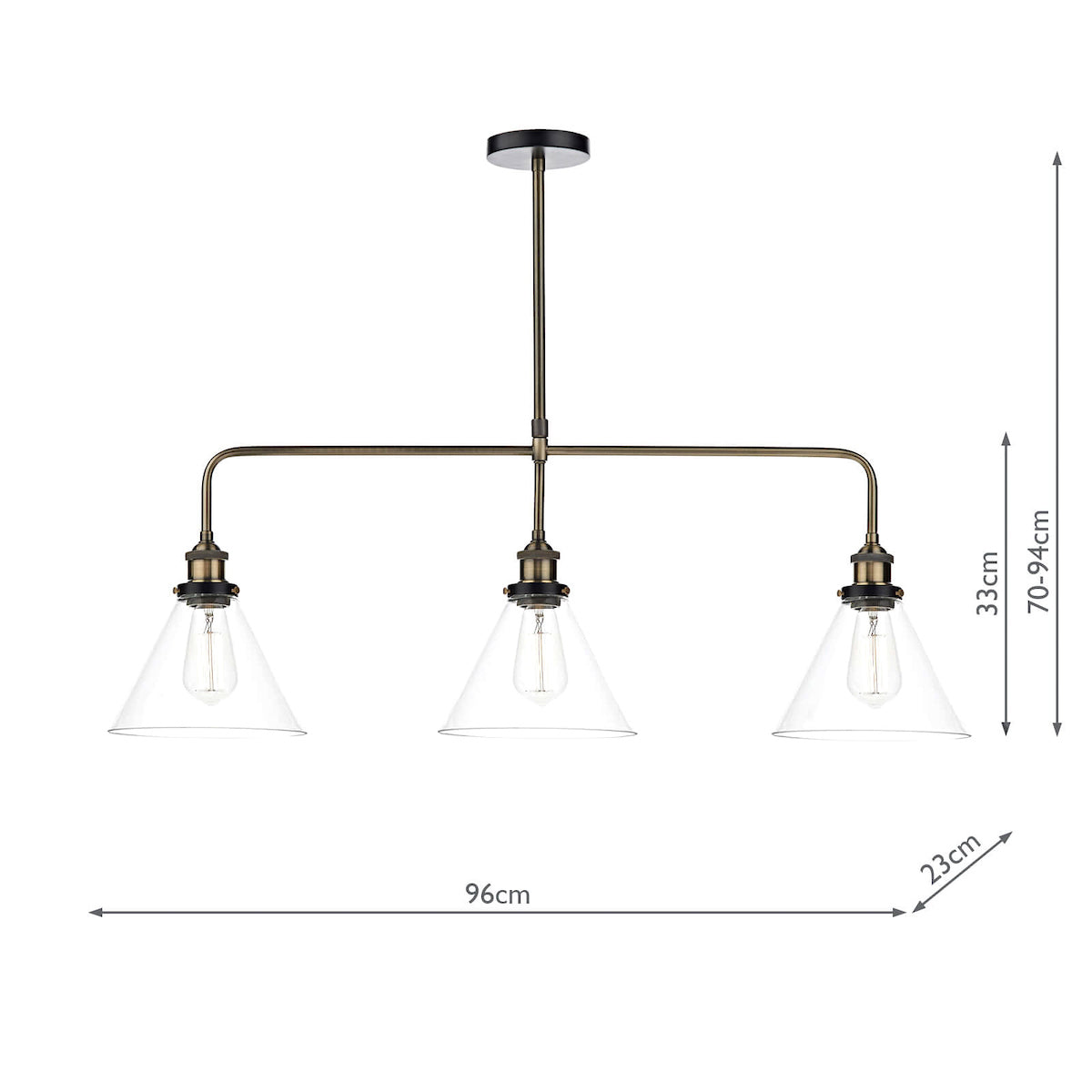 Dar Ray 3 Light Bar Pendant Antique Brass Clear
