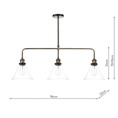 Dar Ray 3 Light Bar Pendant Antique Brass Clear