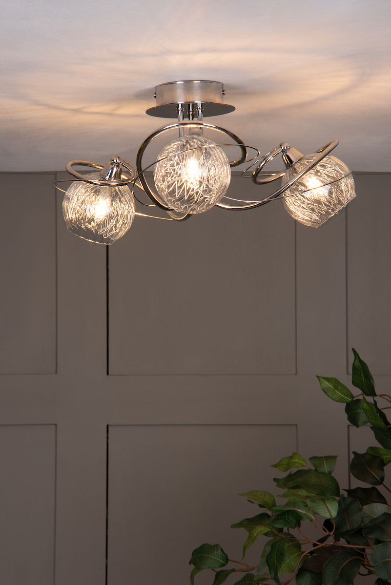 Dar Rehan 3 Light Semi-Flush Polished Chrome and Ribbed Glass