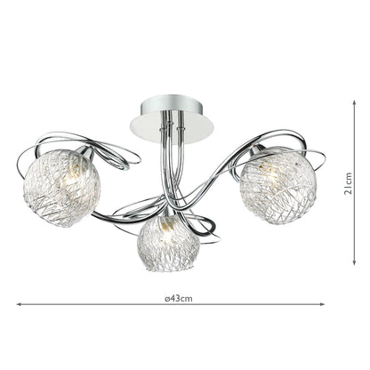 Dar Rehan 3 Light Semi-Flush Polished Chrome and Ribbed Glass