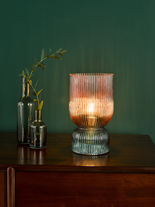 Dar Rhubarb Table Lamp Pink and Green Ribbed Glass