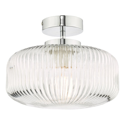 Dar Riva Bathroom Semi Flush Ceiling Light Ribbed Glass Polished Chrome IP44