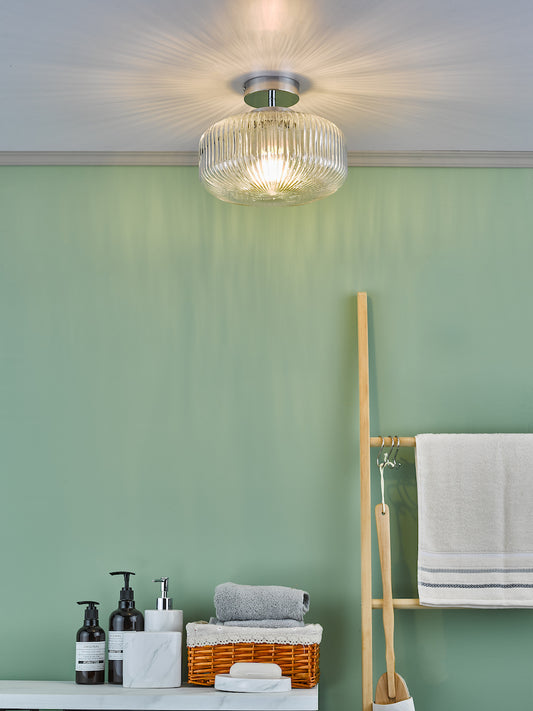 Dar Riva Bathroom Semi Flush Ceiling Light Ribbed Glass Polished Chrome IP44