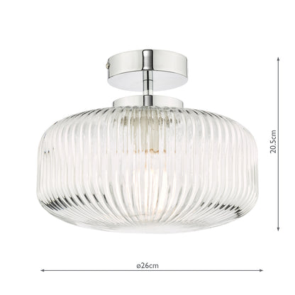Dar Riva Bathroom Semi Flush Ceiling Light Ribbed Glass Polished Chrome IP44
