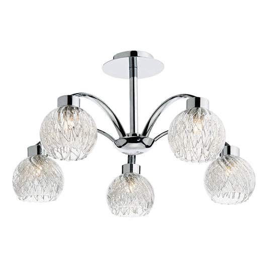 Dar Yasmin 5 Light Semi-Flush Polished Chrome and Ribbed Glass
