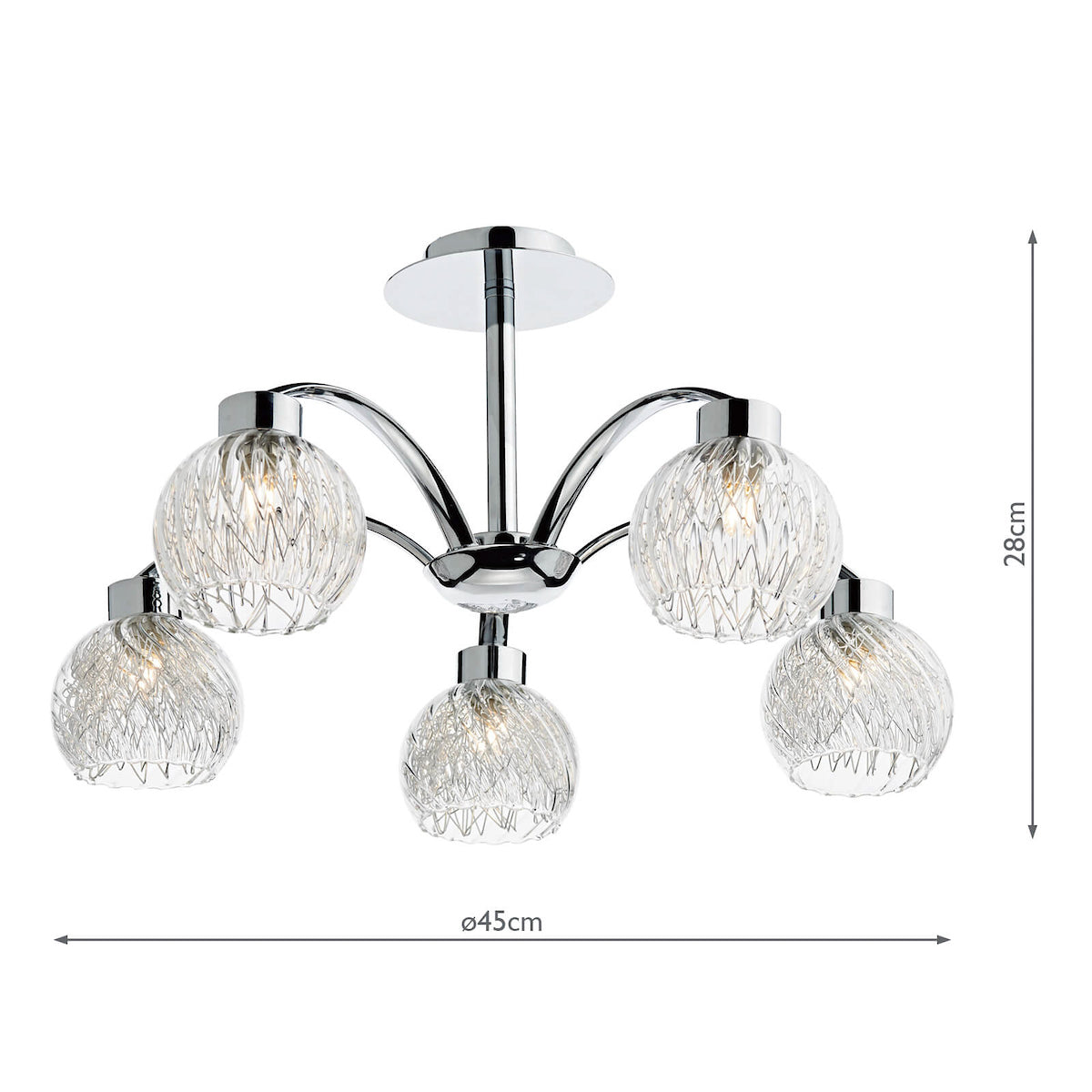 Dar Yasmin 5 Light Semi-Flush Polished Chrome and Ribbed Glass
