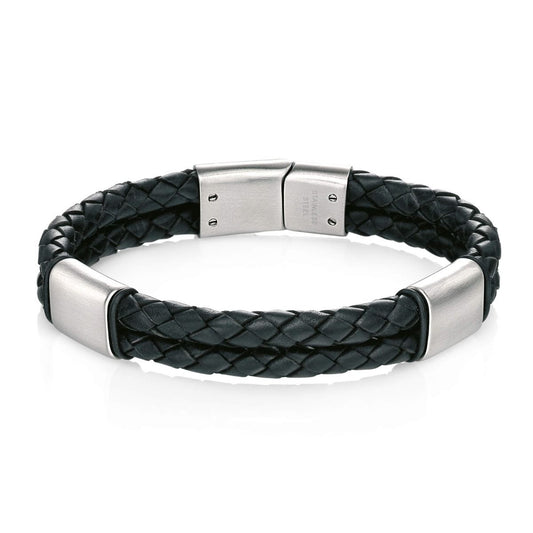 Fred Bennett Black Leather Bracelet with Stainless Steel Sections
