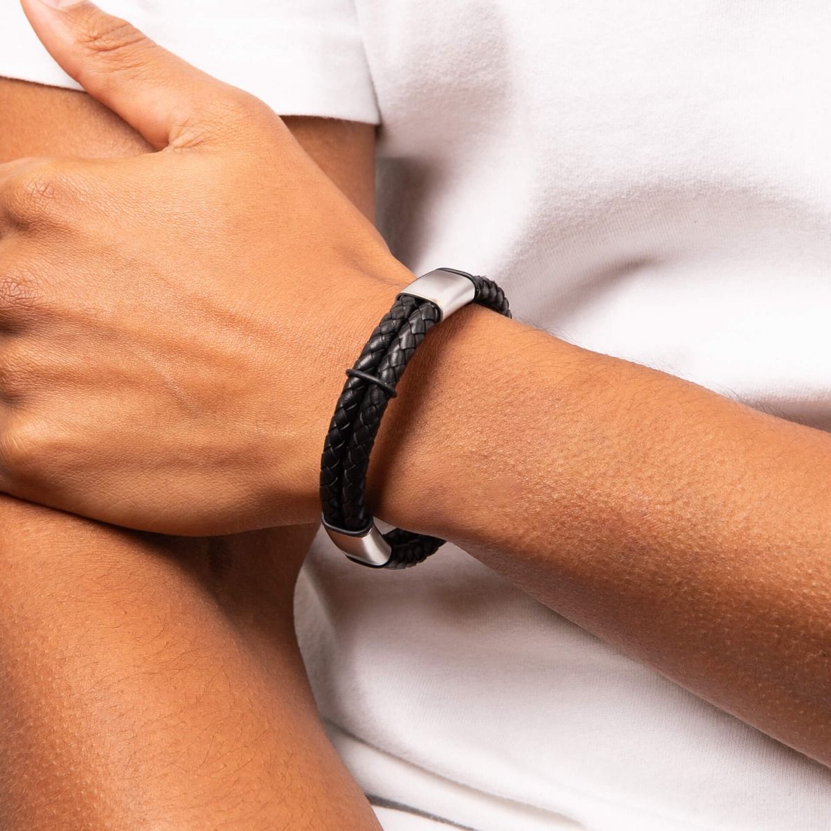 Fred Bennett Black Leather Bracelet with Stainless Steel Sections