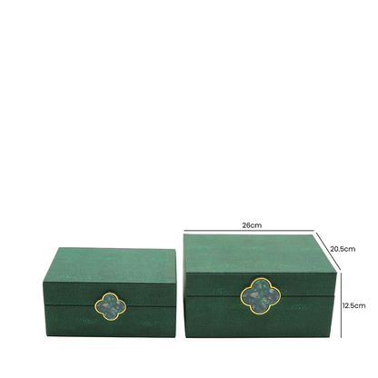 Set of 2 Green Faux Litchi with Green and Gold Handle Jewellery Boxes