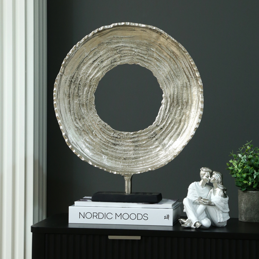 Nickel Round Metal Sculpture with Black Base (46cm)