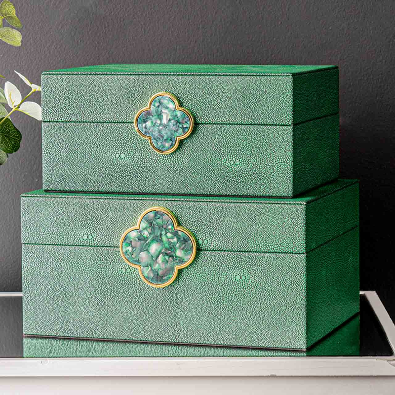 Set of 2 Green Faux Litchi with Green and Gold Handle Jewellery Boxes