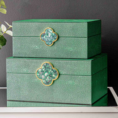 Set of 2 Green Faux Litchi with Green and Gold Handle Jewellery Boxes
