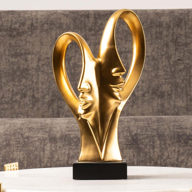 Matte Gold 2 Faces Sculpture on Black Stand