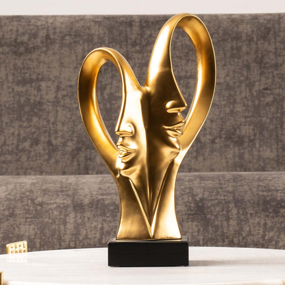 Matte Gold 2 Faces Sculpture on Black Stand