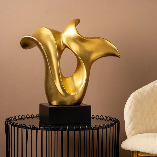 Matte Gold Abstract Sculpture on Black Stand