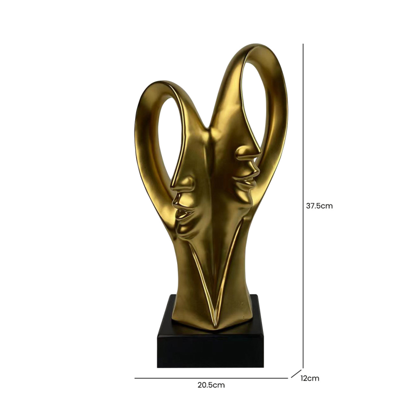Matte Gold 2 Faces Sculpture on Black Stand