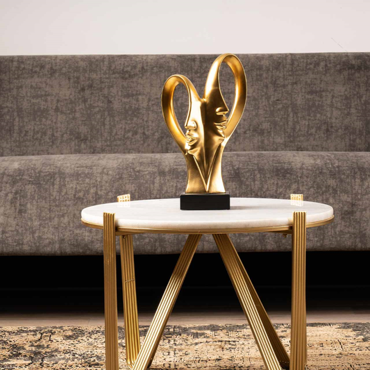 Matte Gold 2 Faces Sculpture on Black Stand