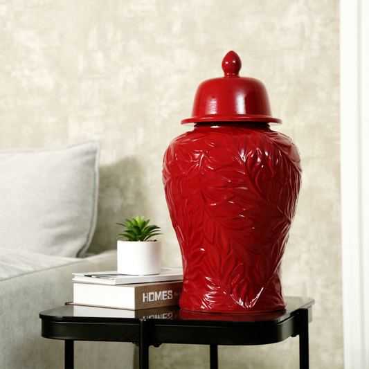 Handmade Red Carved Ceramic Ginger Jar