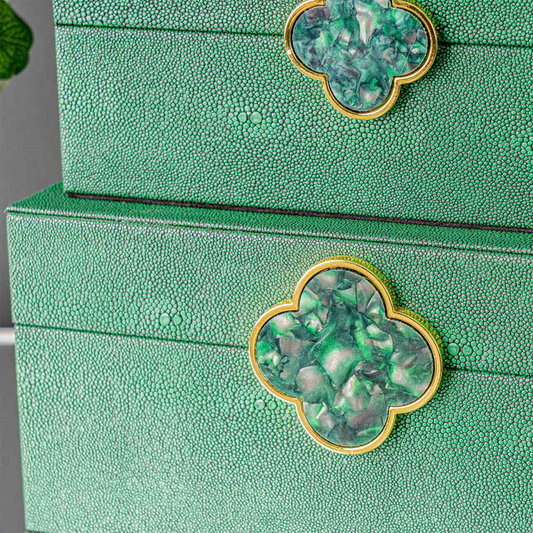 Set of 2 Green Faux Litchi with Green and Gold Handle Jewellery Boxes
