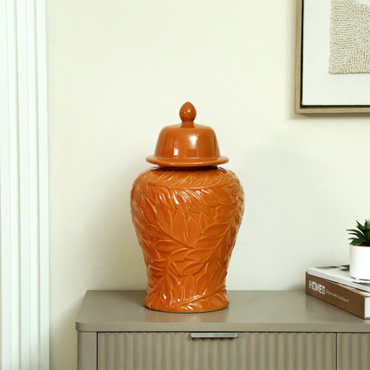Handmade Orange Carved Ceramic Ginger Jar